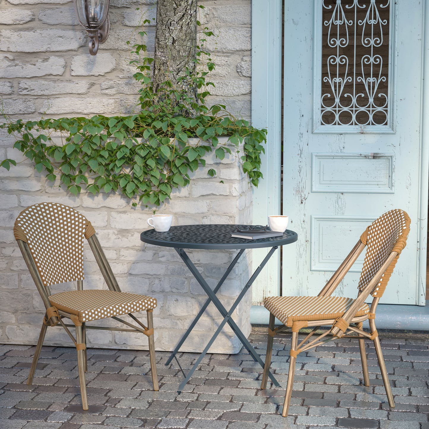 Lourdes Indoor/Outdoor Commercial Bistro Stacking Chair, Natural/White PE Rattan Back and Seat, Bamboo Print Aluminum Frame in Light Natural Natural & White/Light Natural Frame