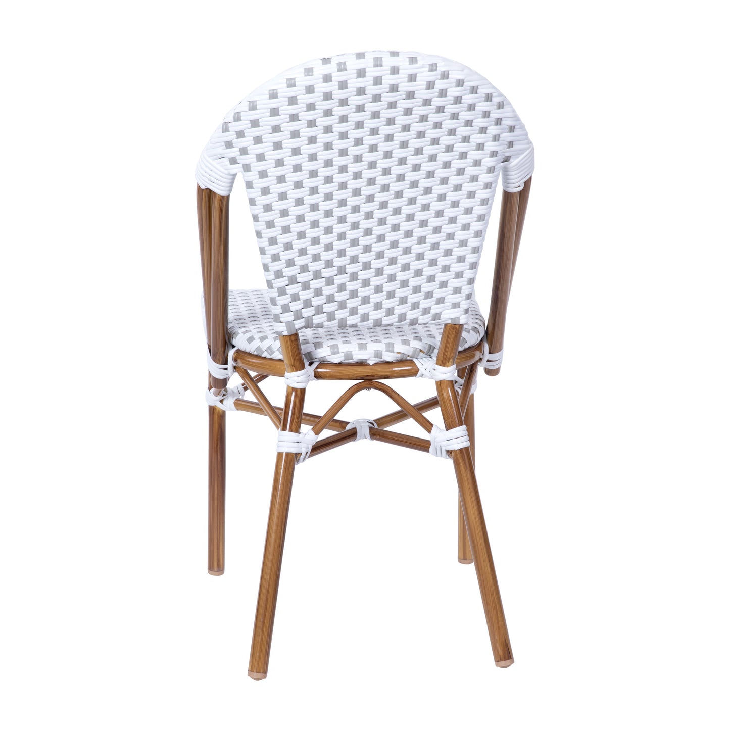 Lourdes Indoor/Outdoor Commercial Bistro Stacking Chair, White and Gray PE Rattan Back and Seat, Bamboo Print Aluminum Frame in Natural White & Gray/Natural Frame