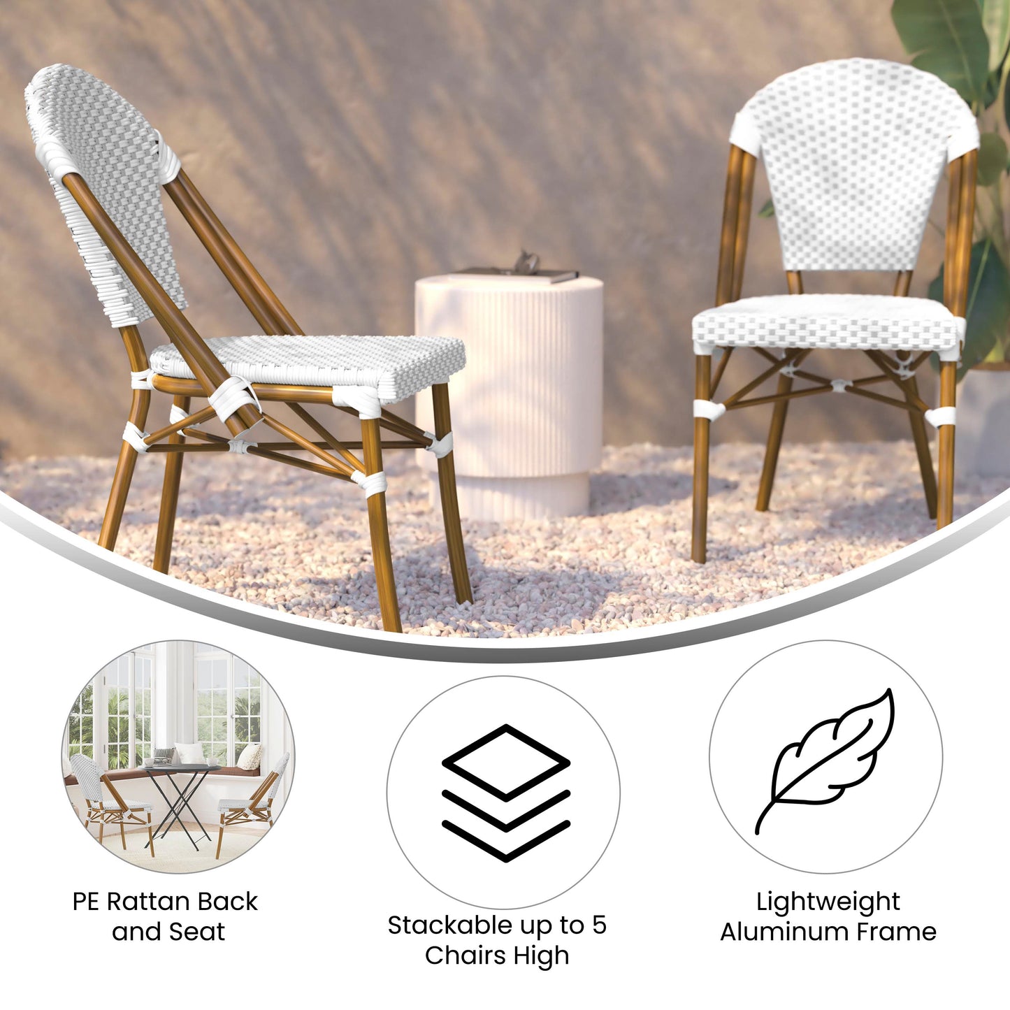 Lourdes Indoor/Outdoor Commercial Bistro Stacking Chair, White and Gray PE Rattan Back and Seat, Bamboo Print Aluminum Frame in Natural White & Gray/Natural Frame