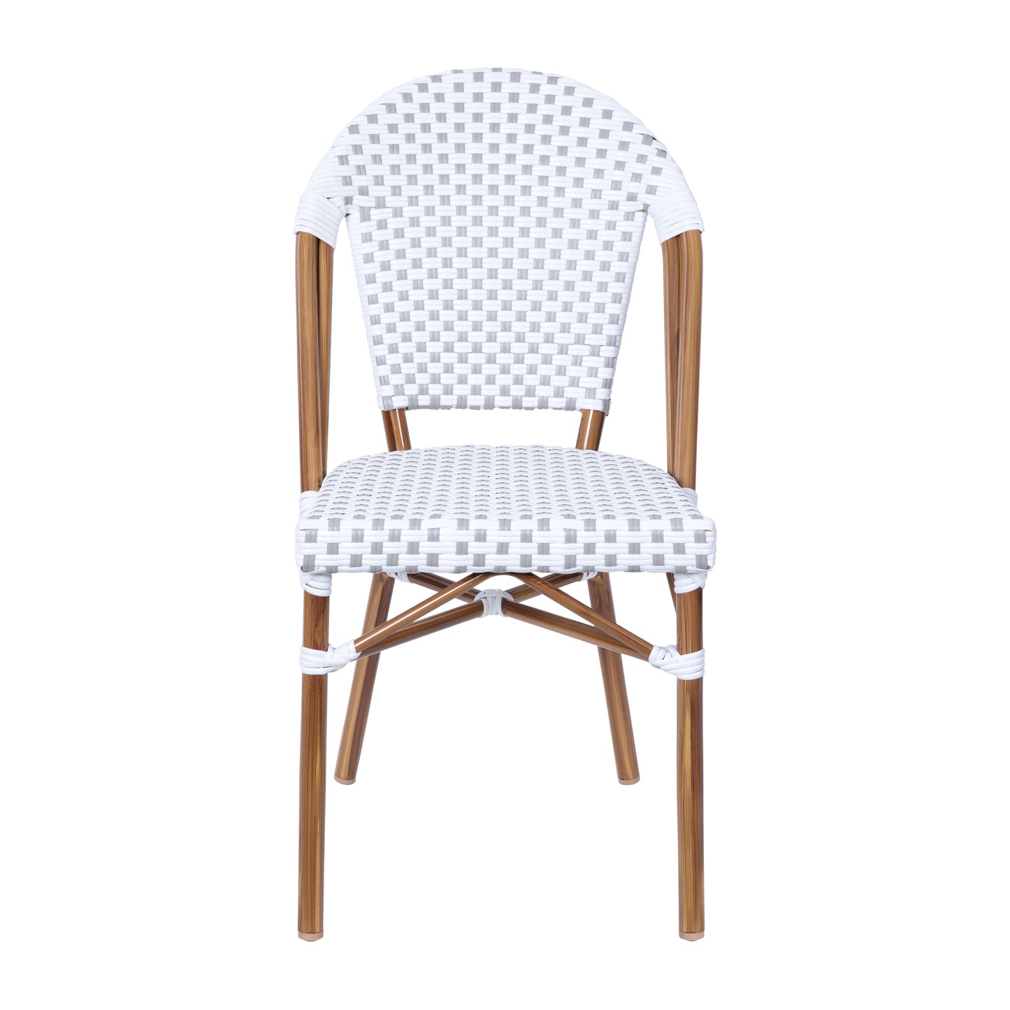 Lourdes Indoor/Outdoor Commercial Bistro Stacking Chair, White and Gray PE Rattan Back and Seat, Bamboo Print Aluminum Frame in Natural White & Gray/Natural Frame
