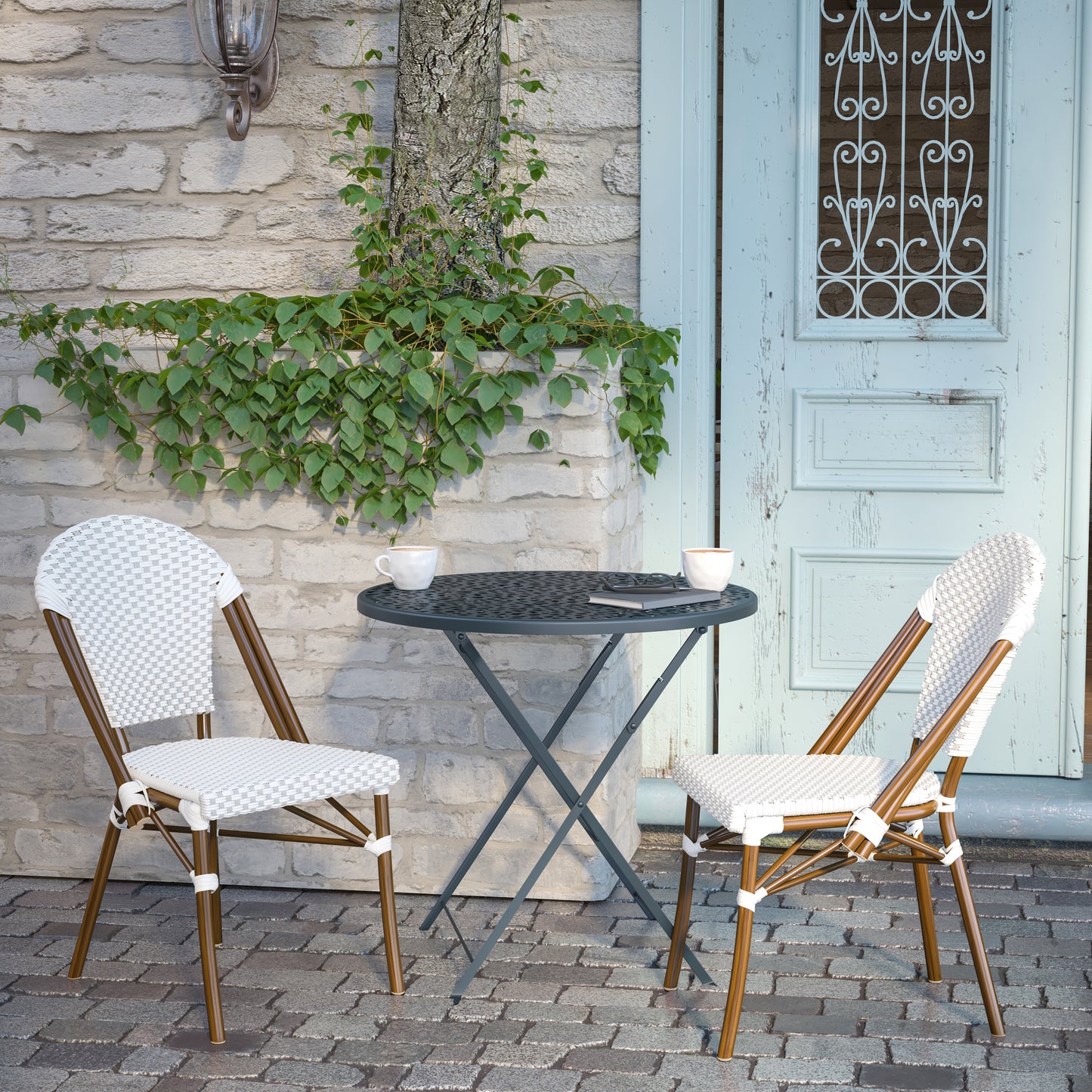 Lourdes Indoor/Outdoor Commercial Bistro Stacking Chair, White and Gray PE Rattan Back and Seat, Bamboo Print Aluminum Frame in Natural White & Gray/Natural Frame