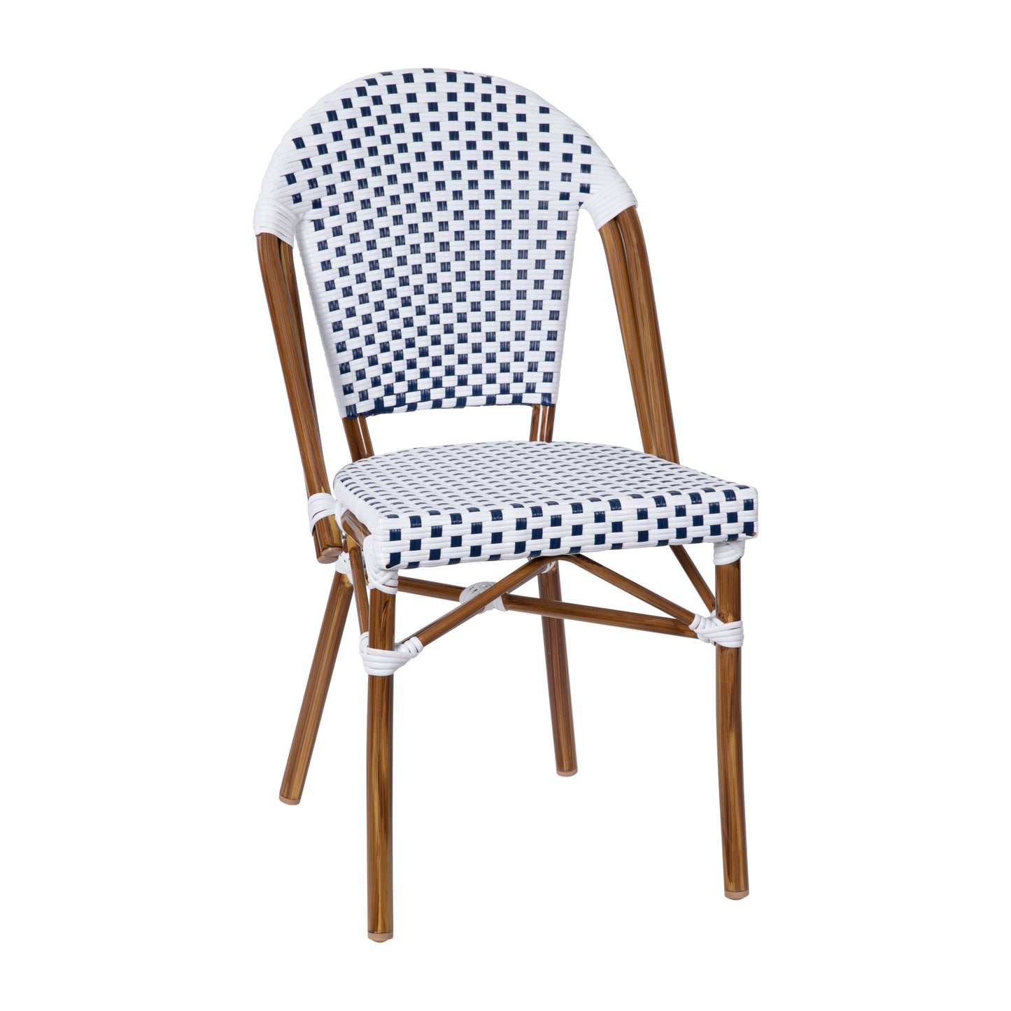 Lourdes Indoor/Outdoor Commercial Bistro Stacking Chair, White and Navy PE Rattan Back and Seat, Bamboo Print Aluminum Frame in Natural White & Navy/Natural Frame