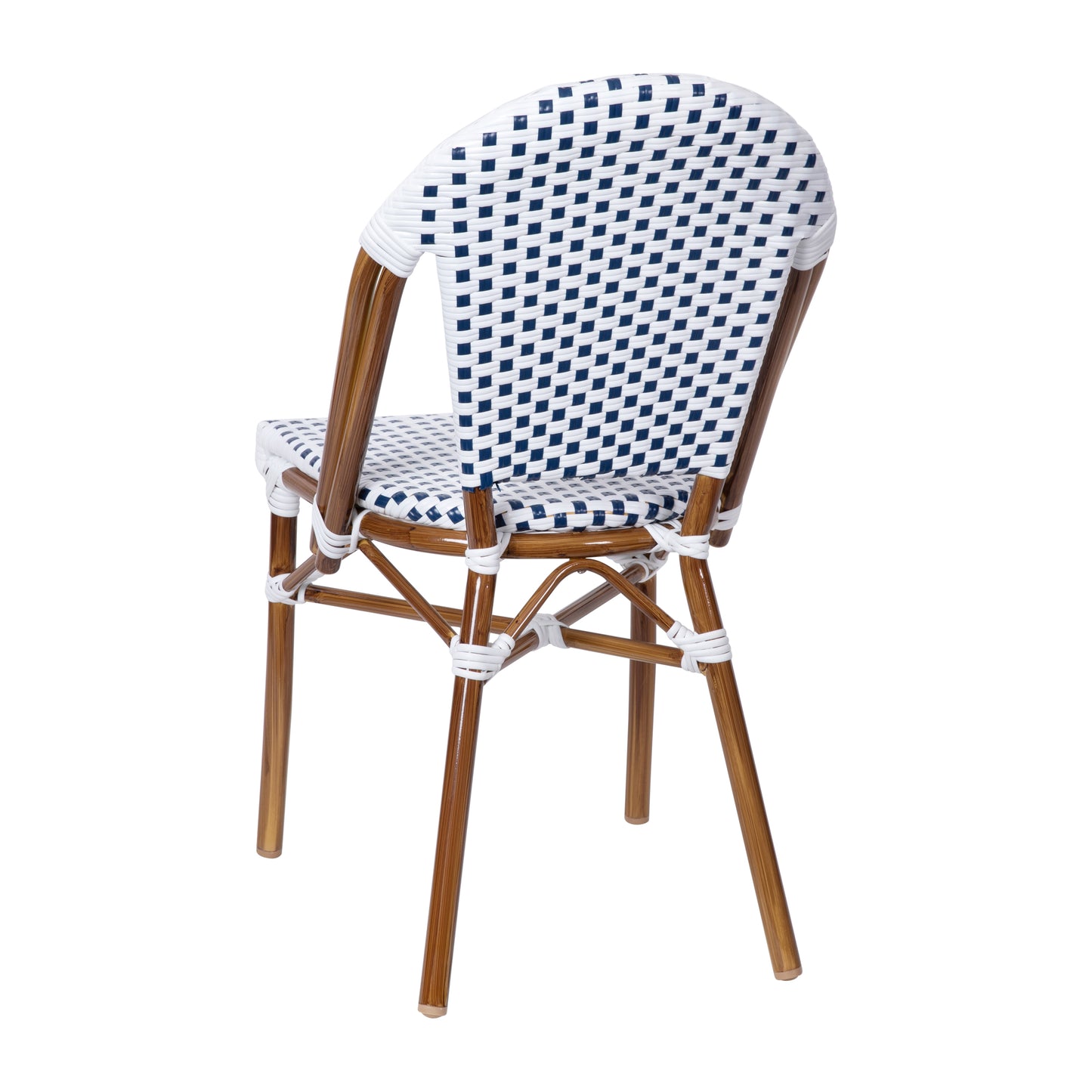 Lourdes Indoor/Outdoor Commercial Bistro Stacking Chair, White and Navy PE Rattan Back and Seat, Bamboo Print Aluminum Frame in Natural White & Navy/Natural Frame