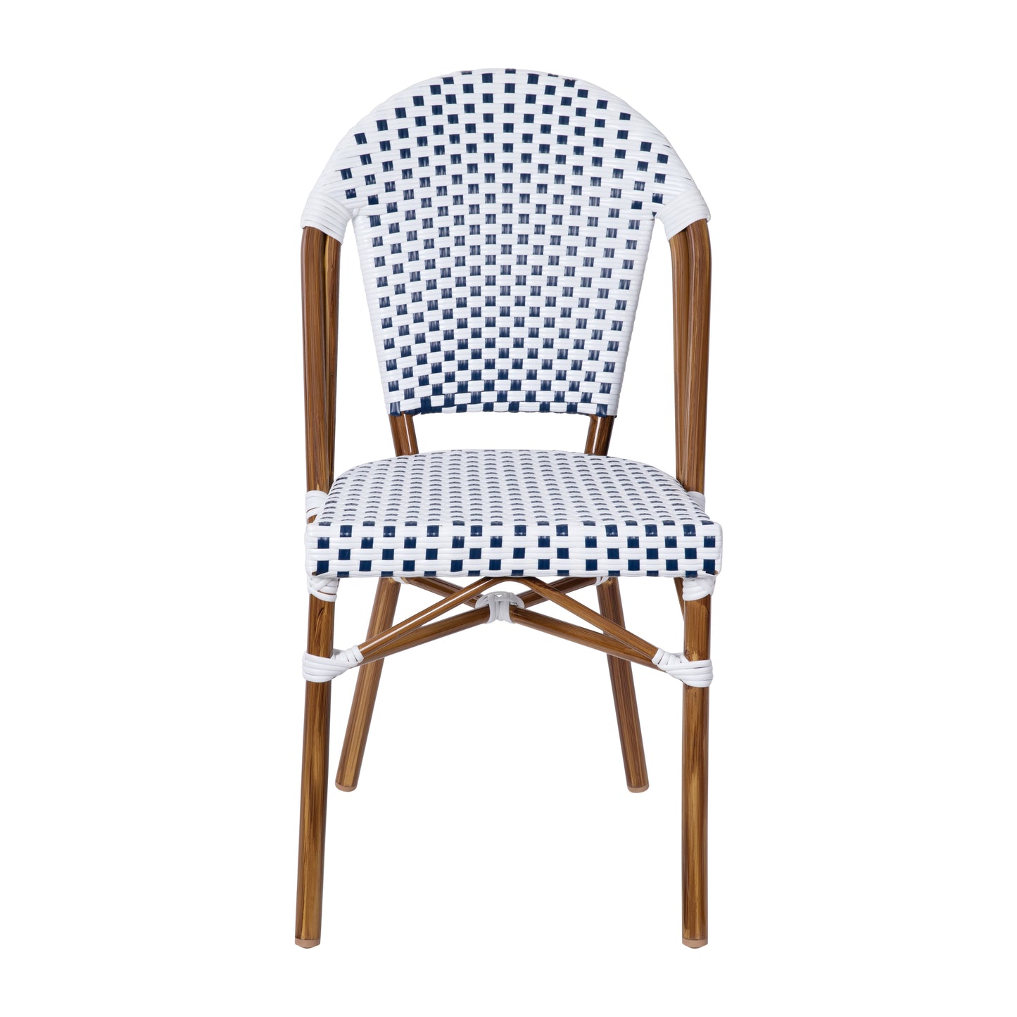 Lourdes Indoor/Outdoor Commercial Bistro Stacking Chair, White and Navy PE Rattan Back and Seat, Bamboo Print Aluminum Frame in Natural White & Navy/Natural Frame