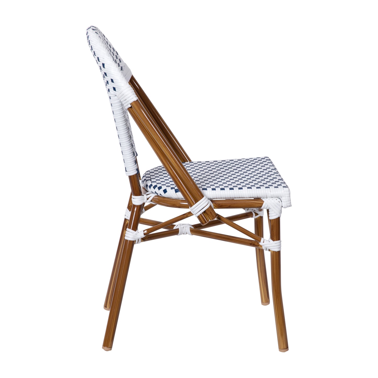 Lourdes Indoor/Outdoor Commercial Bistro Stacking Chair, White and Navy PE Rattan Back and Seat, Bamboo Print Aluminum Frame in Natural White & Navy/Natural Frame