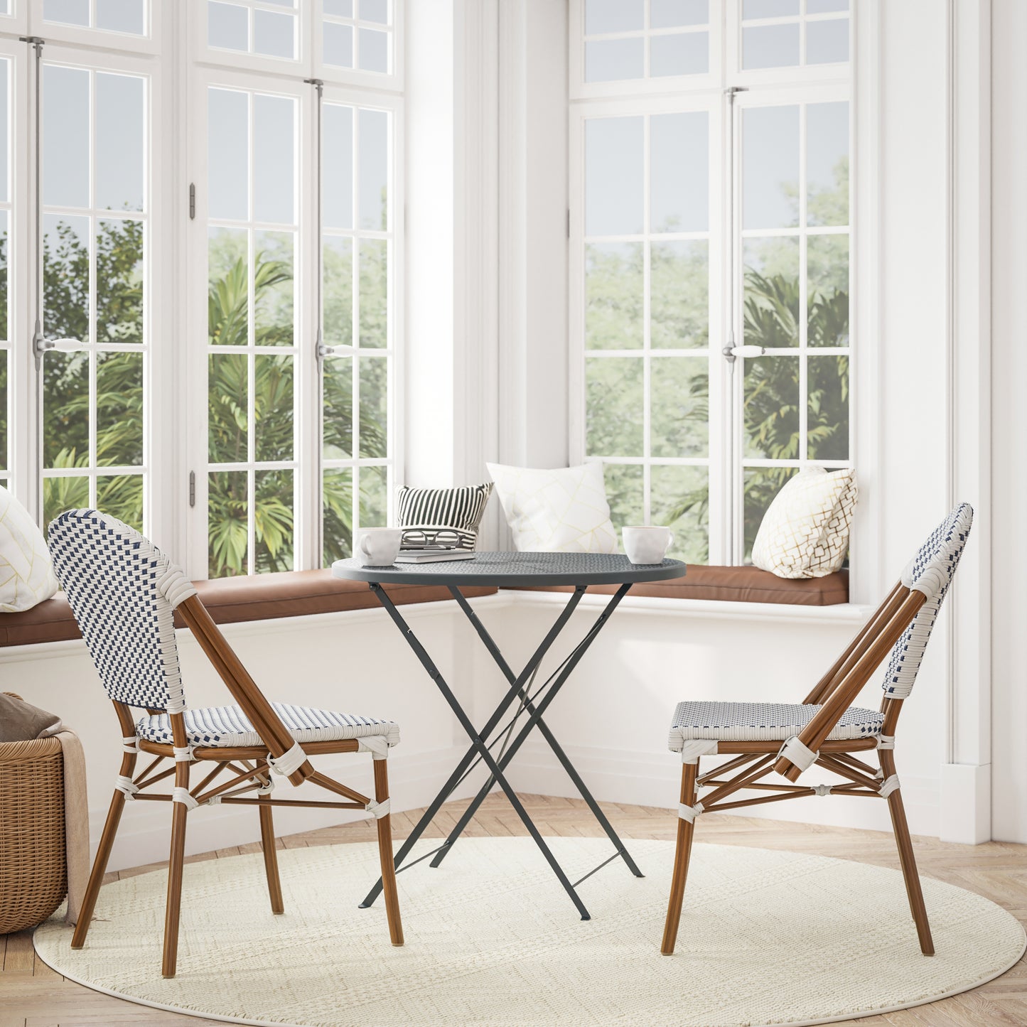 Lourdes Indoor/Outdoor Commercial Bistro Stacking Chair, White and Navy PE Rattan Back and Seat, Bamboo Print Aluminum Frame in Natural White & Navy/Natural Frame