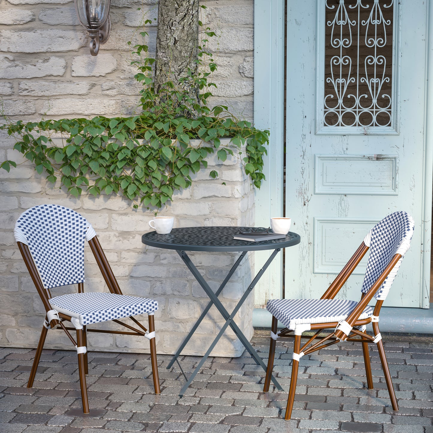 Lourdes Indoor/Outdoor Commercial Bistro Stacking Chair, White and Navy PE Rattan Back and Seat, Bamboo Print Aluminum Frame in Natural White & Navy/Natural Frame