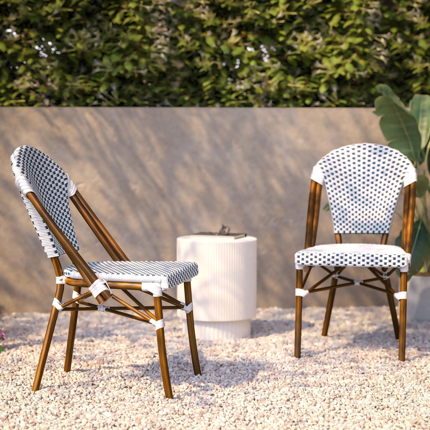 Lourdes Indoor/Outdoor Commercial Bistro Stacking Chair, White and Navy PE Rattan Back and Seat, Bamboo Print Aluminum Frame in Natural White & Navy/Natural Frame
