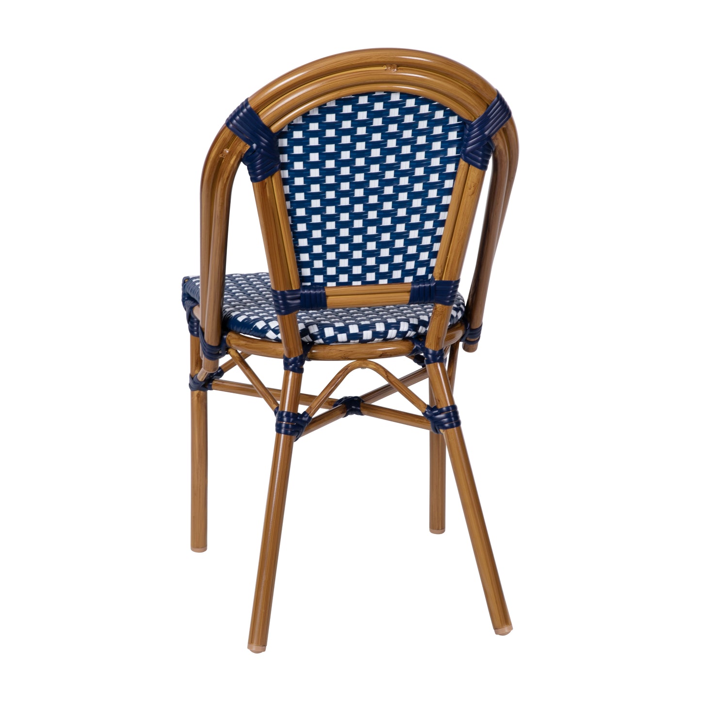 Bordeaux Indoor/Outdoor Commercial Bistro Stacking Chair, Navy and White PE Rattan Back and Seat, Bamboo Print Aluminum Frame in Natural Navy & White/Natural Frame