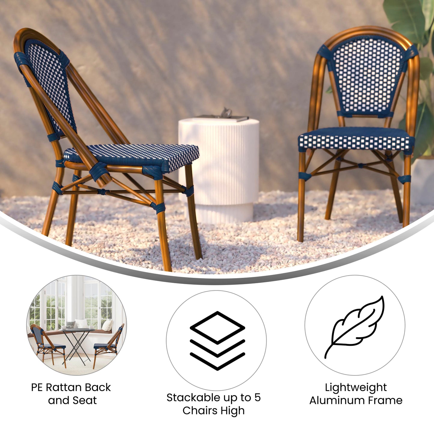 Bordeaux Indoor/Outdoor Commercial Bistro Stacking Chair, Navy and White PE Rattan Back and Seat, Bamboo Print Aluminum Frame in Natural Navy & White/Natural Frame