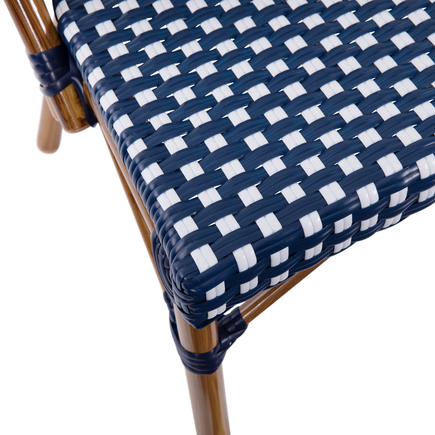 Bordeaux Indoor/Outdoor Commercial Bistro Stacking Chair, Navy and White PE Rattan Back and Seat, Bamboo Print Aluminum Frame in Natural Navy & White/Natural Frame