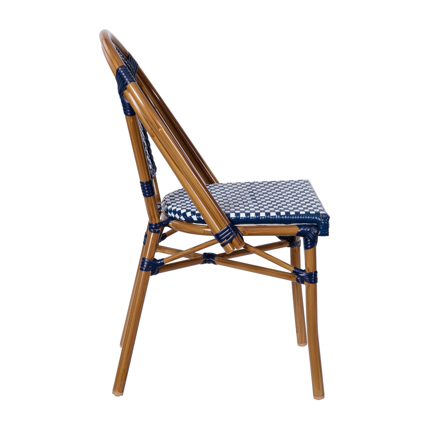Bordeaux Indoor/Outdoor Commercial Bistro Stacking Chair, Navy and White PE Rattan Back and Seat, Bamboo Print Aluminum Frame in Natural Navy & White/Natural Frame