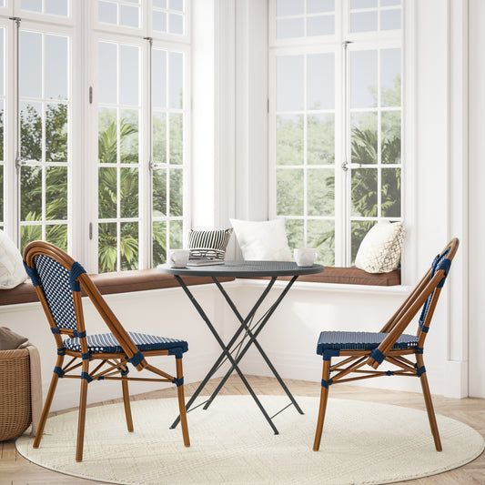 Bordeaux Indoor/Outdoor Commercial Bistro Stacking Chair, Navy and White PE Rattan Back and Seat, Bamboo Print Aluminum Frame in Natural Navy & White/Natural Frame