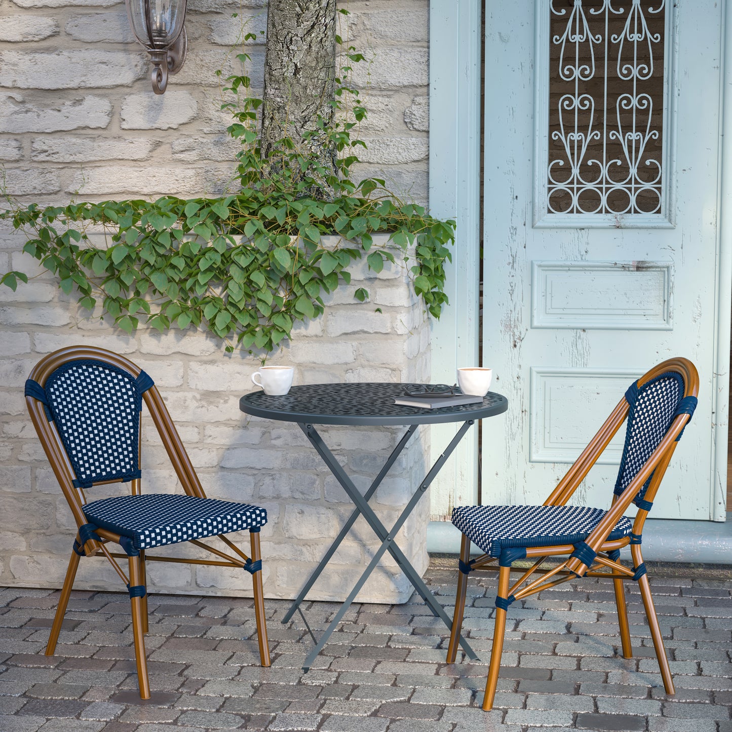 Bordeaux Indoor/Outdoor Commercial Bistro Stacking Chair, Navy and White PE Rattan Back and Seat, Bamboo Print Aluminum Frame in Natural Navy & White/Natural Frame