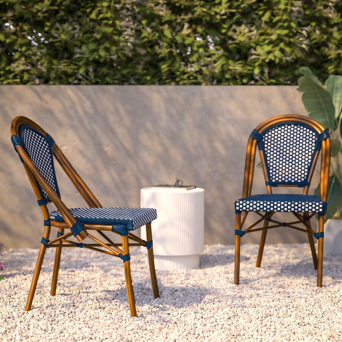 Bordeaux Indoor/Outdoor Commercial Bistro Stacking Chair, Navy and White PE Rattan Back and Seat, Bamboo Print Aluminum Frame in Natural Navy & White/Natural Frame