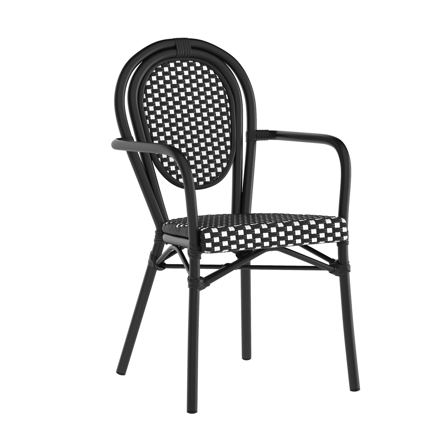 Lourdes Indoor/Outdoor Commercial Thonet Bistro Stacking Chair with Arms, Black and White PE Rattan and Black Aluminum Frame Black & White/Black Frame