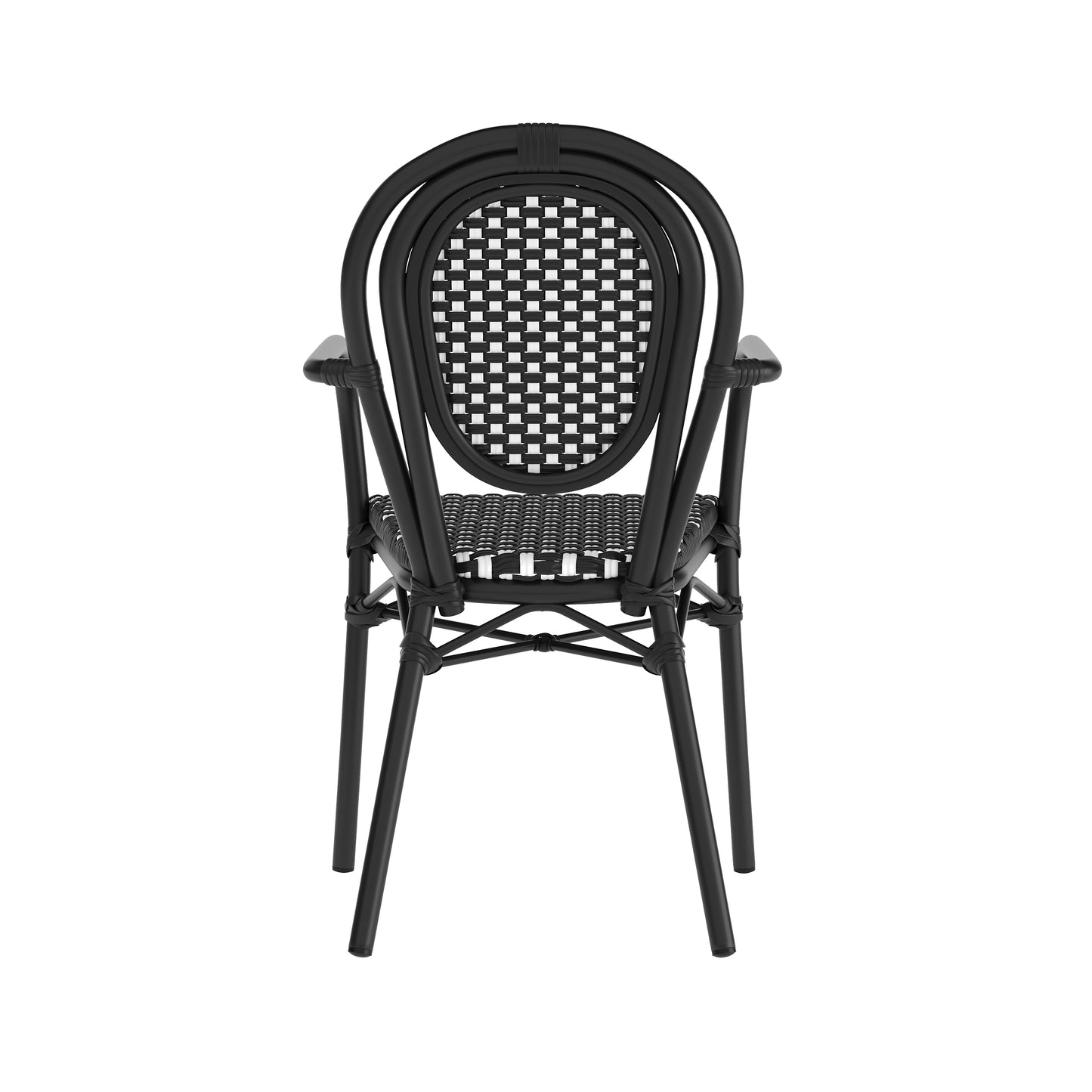 Lourdes Indoor/Outdoor Commercial Thonet Bistro Stacking Chair with Arms, Black and White PE Rattan and Black Aluminum Frame Black & White/Black Frame
