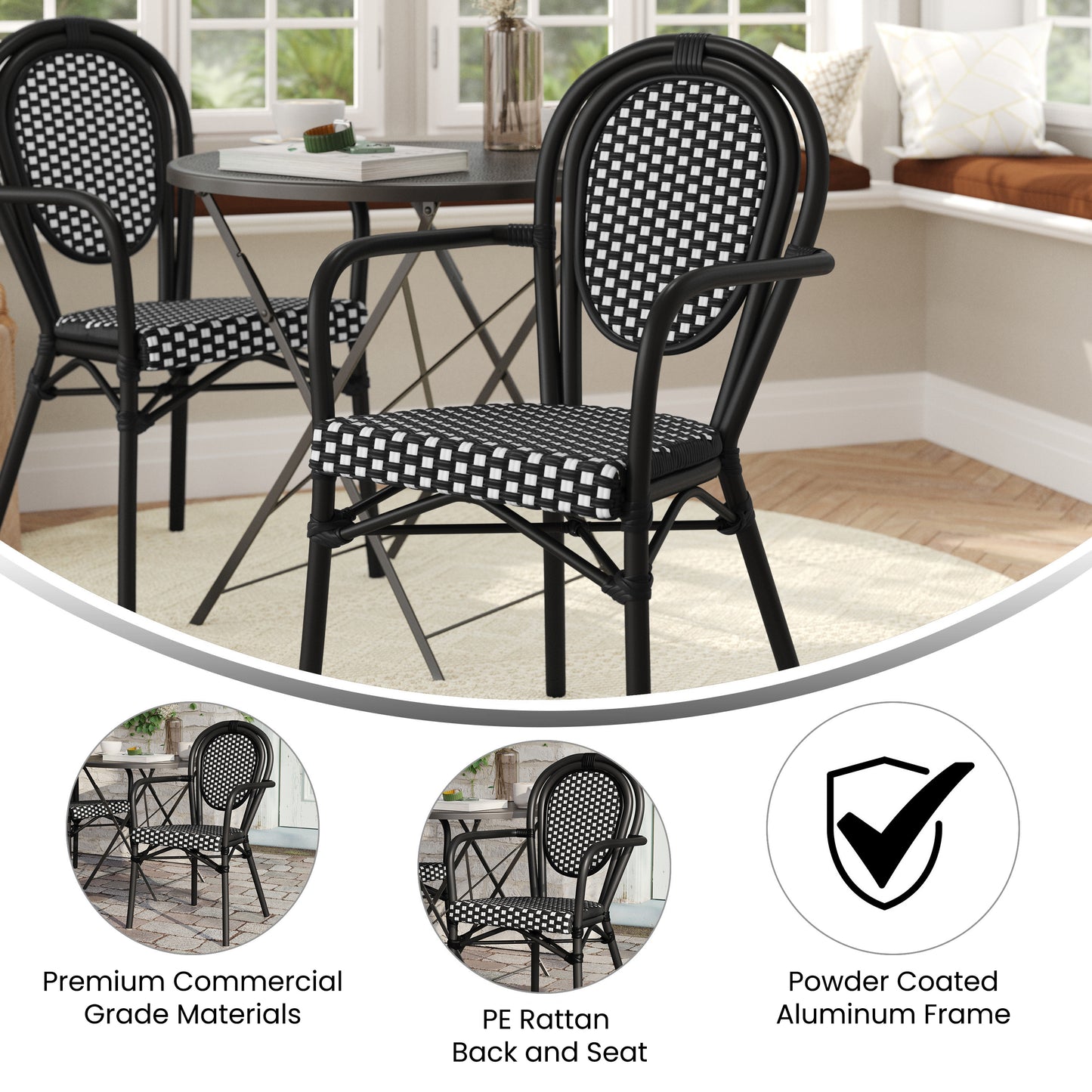 Lourdes Indoor/Outdoor Commercial Thonet Bistro Stacking Chair with Arms, Black and White PE Rattan and Black Aluminum Frame Black & White/Black Frame