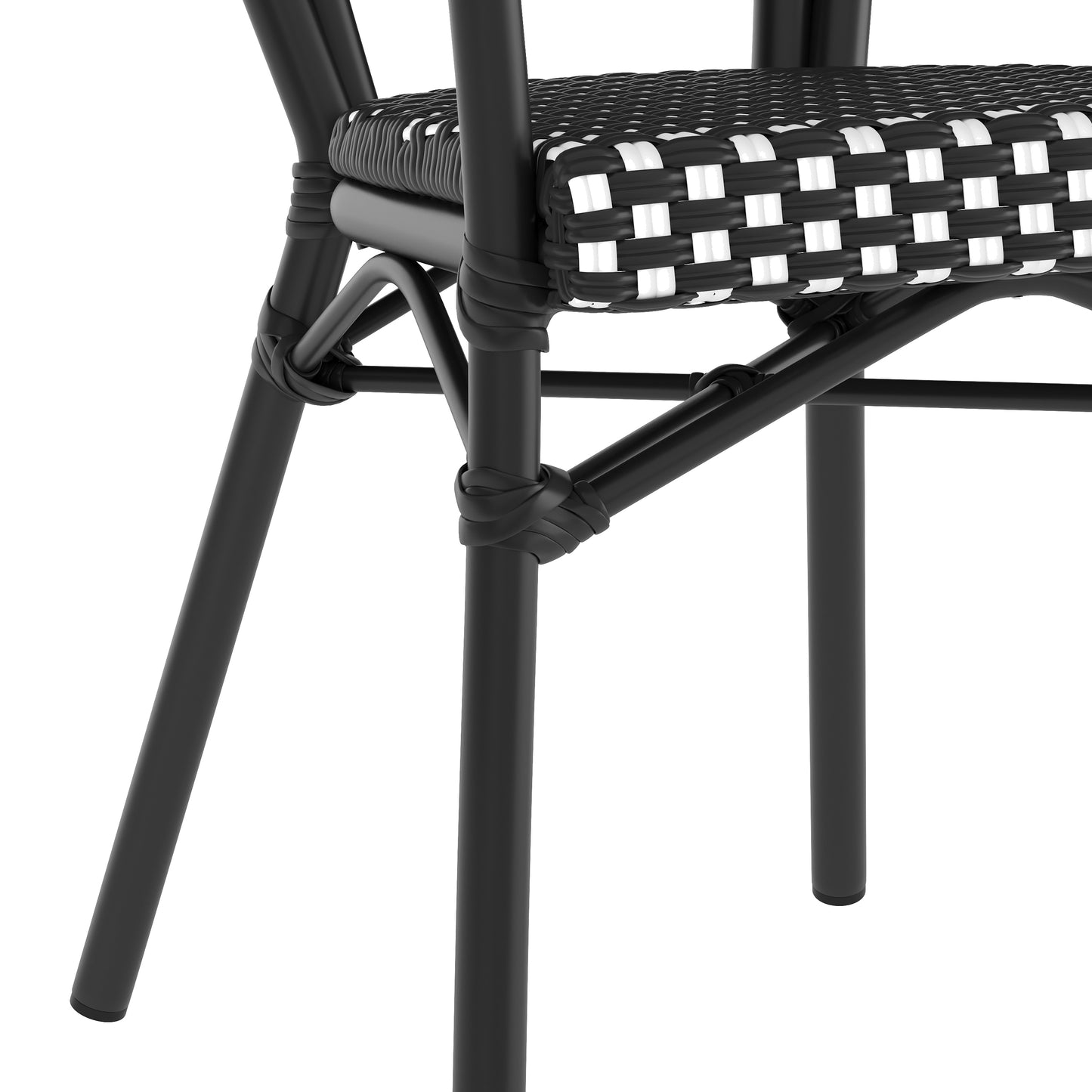 Lourdes Indoor/Outdoor Commercial Thonet Bistro Stacking Chair with Arms, Black and White PE Rattan and Black Aluminum Frame Black & White/Black Frame