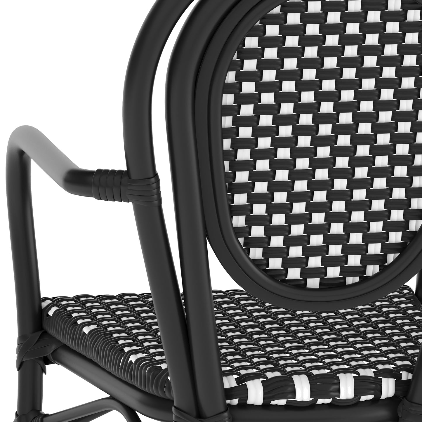 Lourdes Indoor/Outdoor Commercial Thonet Bistro Stacking Chair with Arms, Black and White PE Rattan and Black Aluminum Frame Black & White/Black Frame