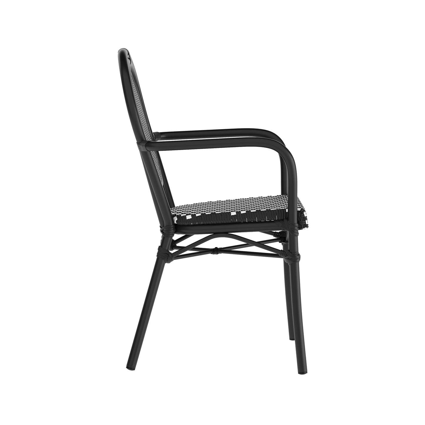 Lourdes Indoor/Outdoor Commercial Thonet Bistro Stacking Chair with Arms, Black and White PE Rattan and Black Aluminum Frame Black & White/Black Frame
