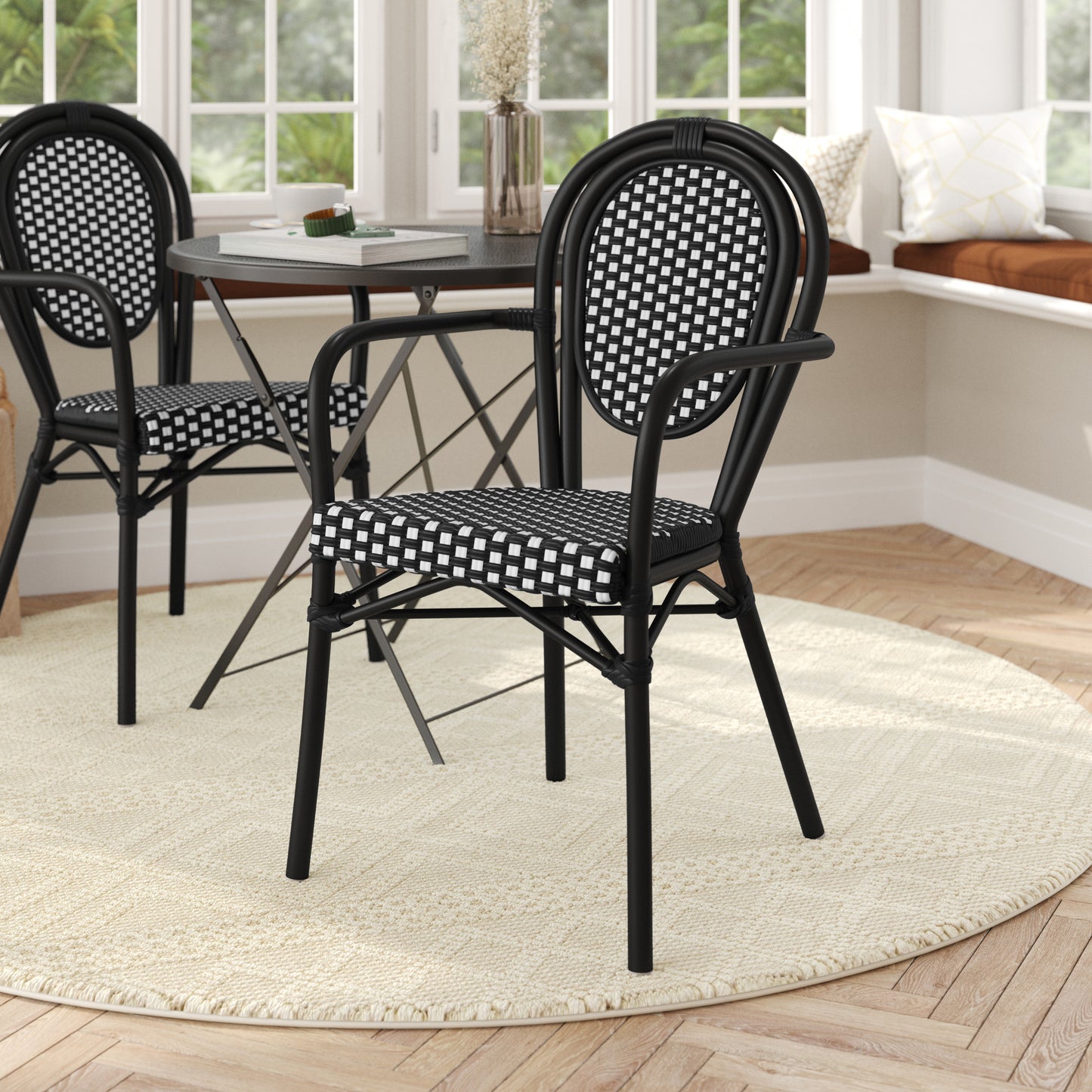 Lourdes Indoor/Outdoor Commercial Thonet Bistro Stacking Chair with Arms, Black and White PE Rattan and Black Aluminum Frame Black & White/Black Frame