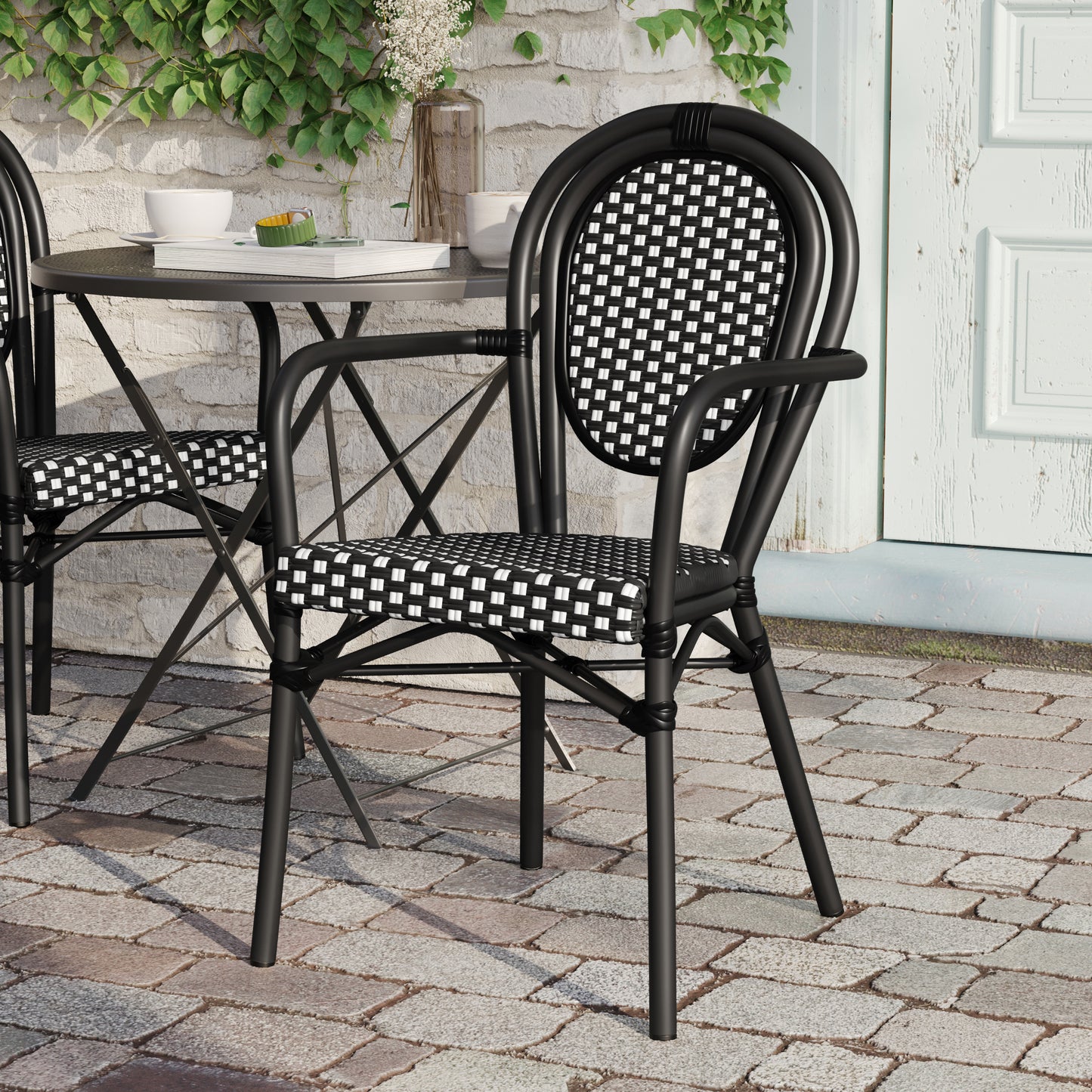 Lourdes Indoor/Outdoor Commercial Thonet Bistro Stacking Chair with Arms, Black and White PE Rattan and Black Aluminum Frame Black & White/Black Frame