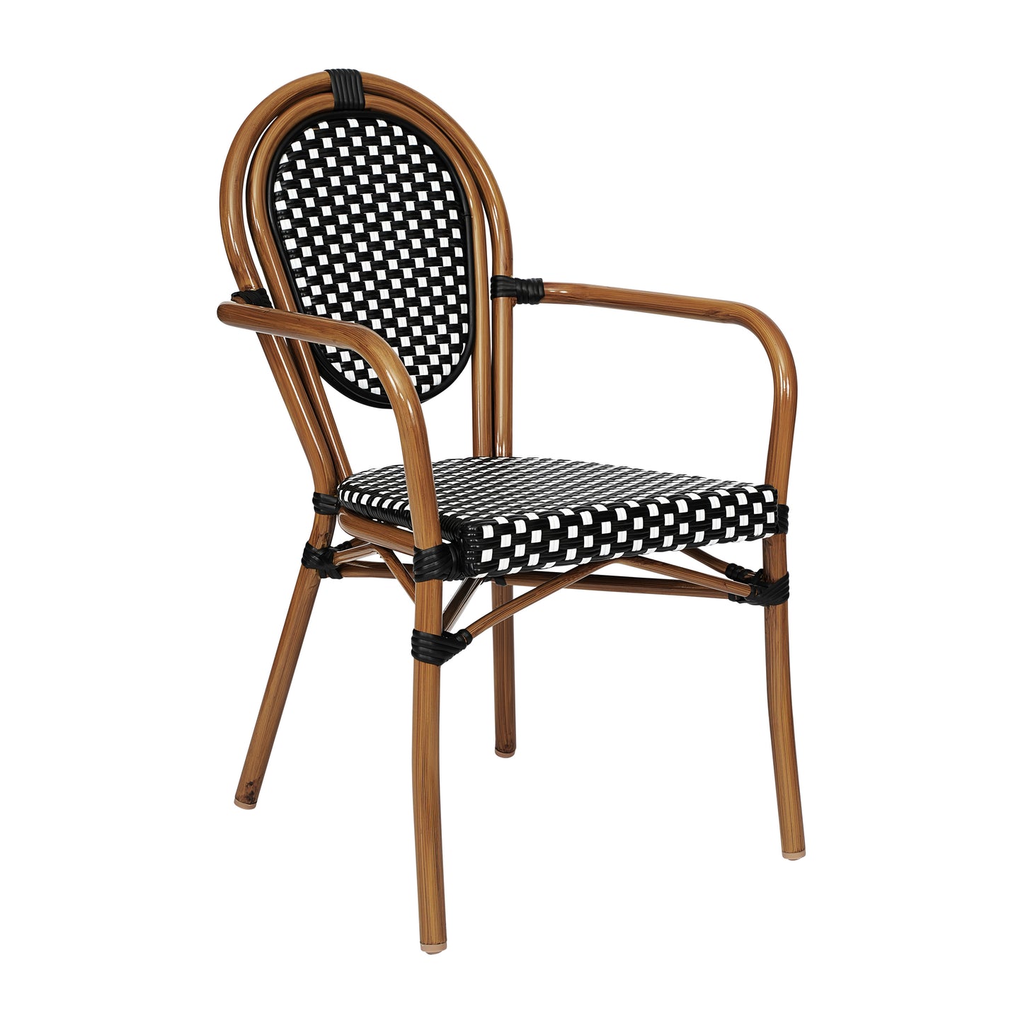 Lourdes Indoor/Outdoor Commercial Thonet Bistro Stacking Chair with Arms, Black and White PE Rattan and Bamboo Print Aluminum Frame Black & White/Natural Frame