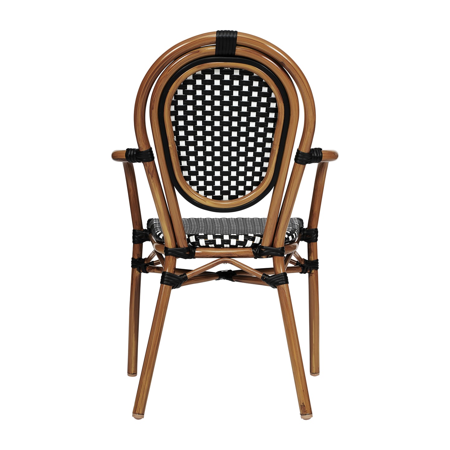 Lourdes Indoor/Outdoor Commercial Thonet Bistro Stacking Chair with Arms, Black and White PE Rattan and Bamboo Print Aluminum Frame Black & White/Natural Frame