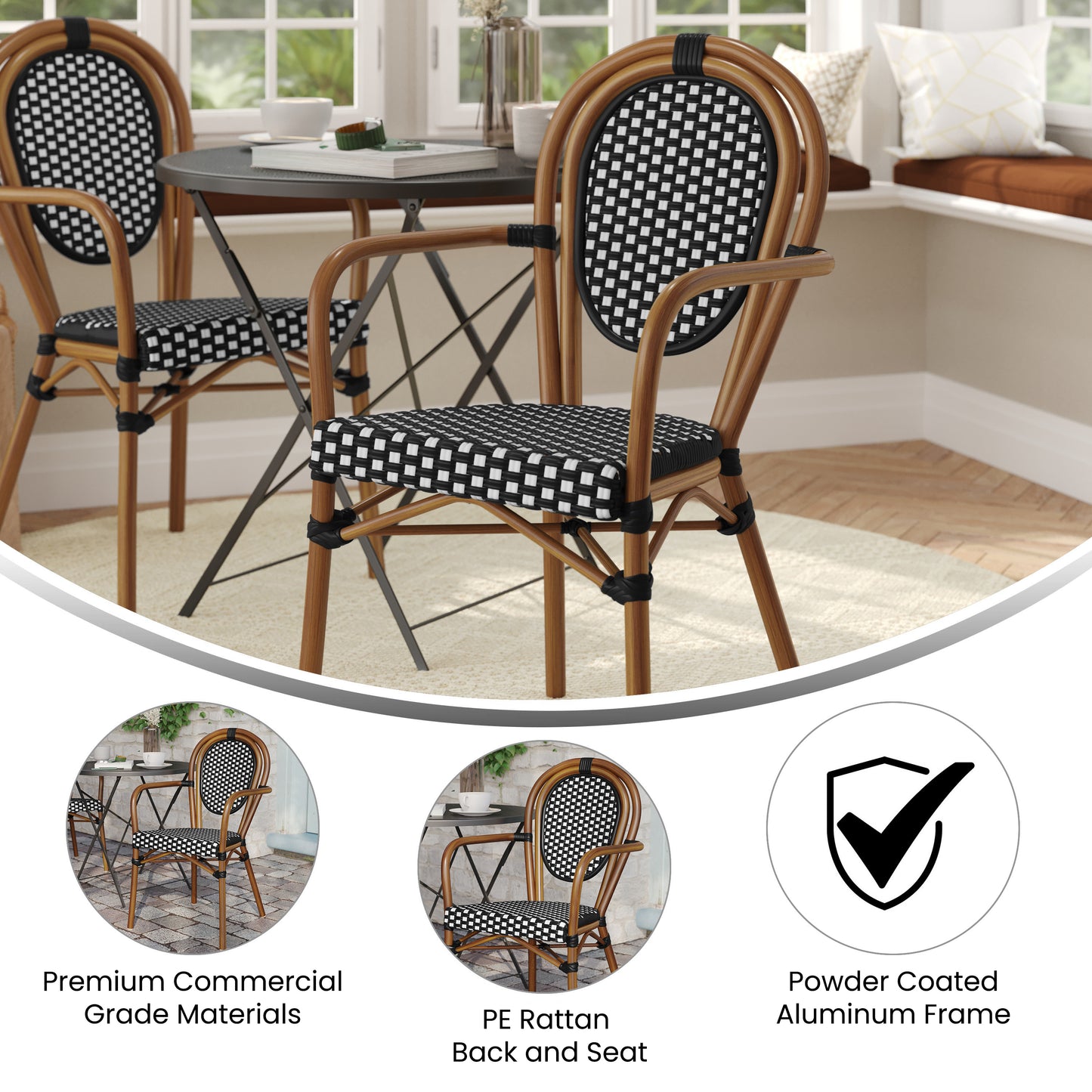 Lourdes Indoor/Outdoor Commercial Thonet Bistro Stacking Chair with Arms, Black and White PE Rattan and Bamboo Print Aluminum Frame Black & White/Natural Frame