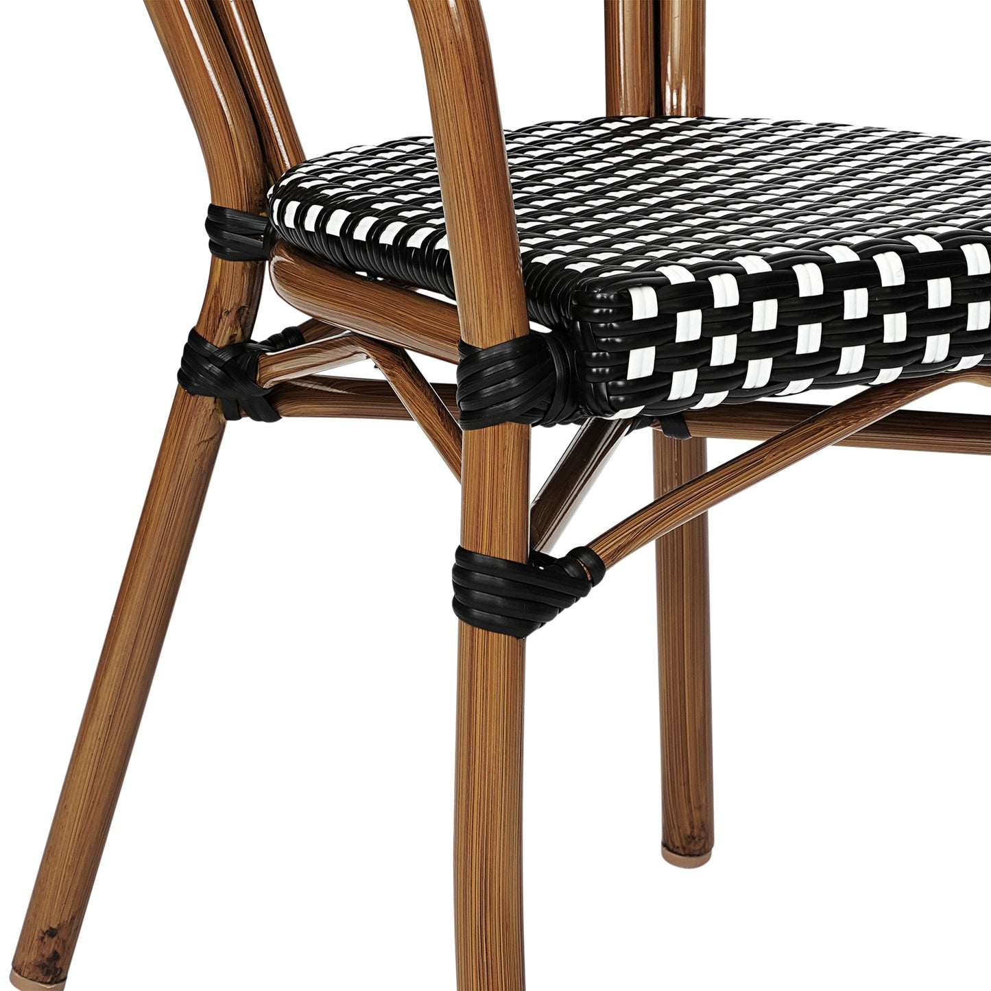 Lourdes Indoor/Outdoor Commercial Thonet Bistro Stacking Chair with Arms, Black and White PE Rattan and Bamboo Print Aluminum Frame Black & White/Natural Frame