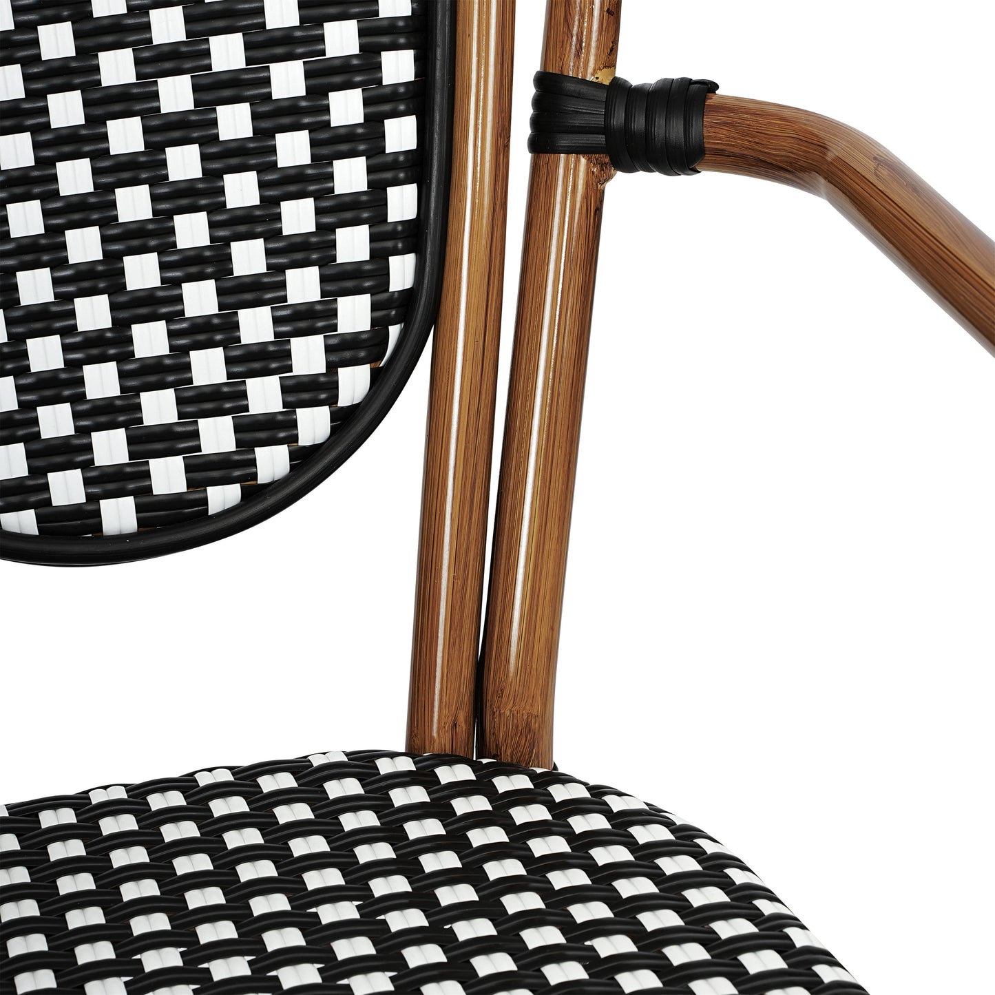 Lourdes Indoor/Outdoor Commercial Thonet Bistro Stacking Chair with Arms, Black and White PE Rattan and Bamboo Print Aluminum Frame Black & White/Natural Frame