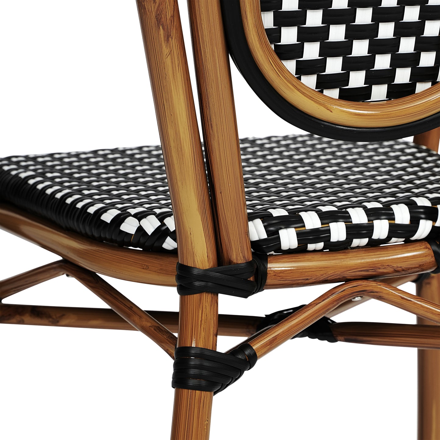 Lourdes Indoor/Outdoor Commercial Thonet Bistro Stacking Chair with Arms, Black and White PE Rattan and Bamboo Print Aluminum Frame Black & White/Natural Frame