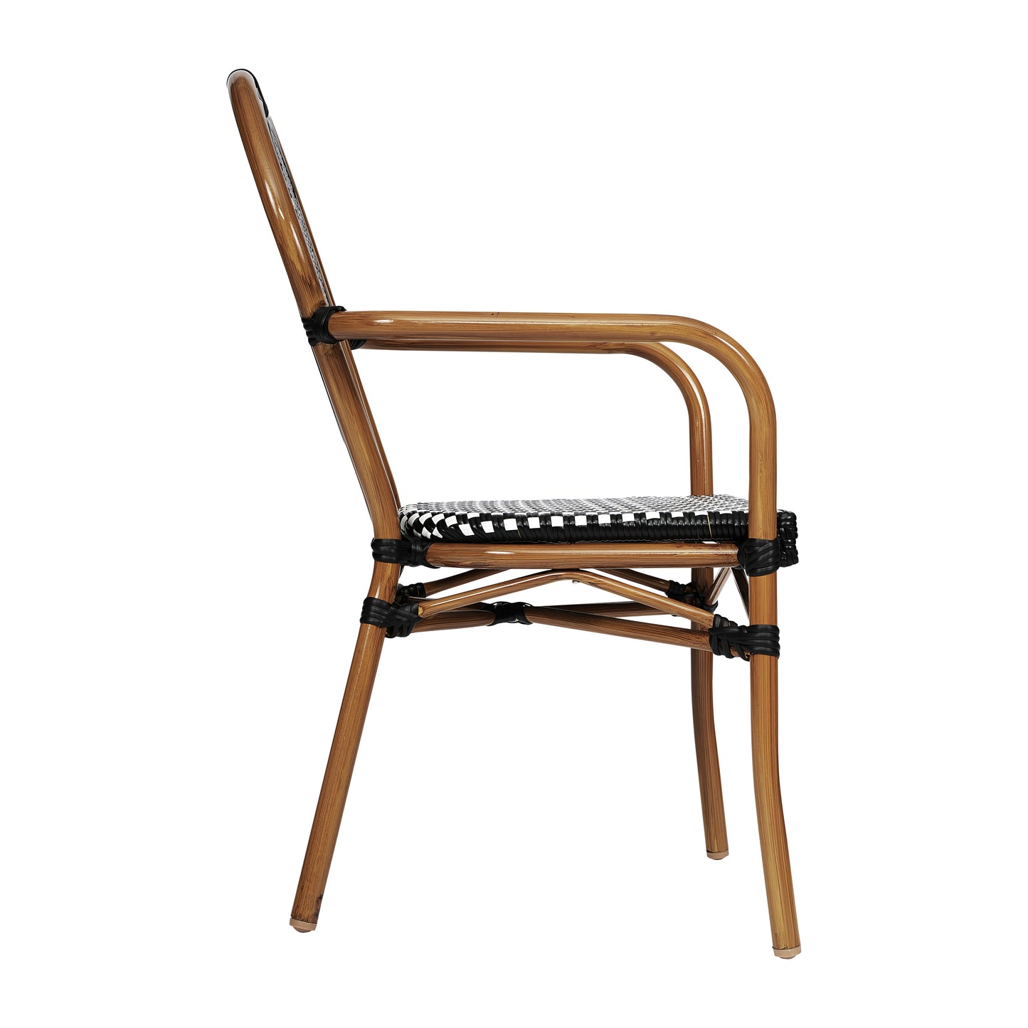 Lourdes Indoor/Outdoor Commercial Thonet Bistro Stacking Chair with Arms, Black and White PE Rattan and Bamboo Print Aluminum Frame Black & White/Natural Frame