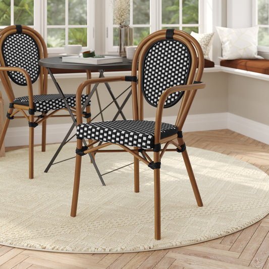 Lourdes Indoor/Outdoor Commercial Thonet Bistro Stacking Chair with Arms, Black and White PE Rattan and Bamboo Print Aluminum Frame Black & White/Natural Frame
