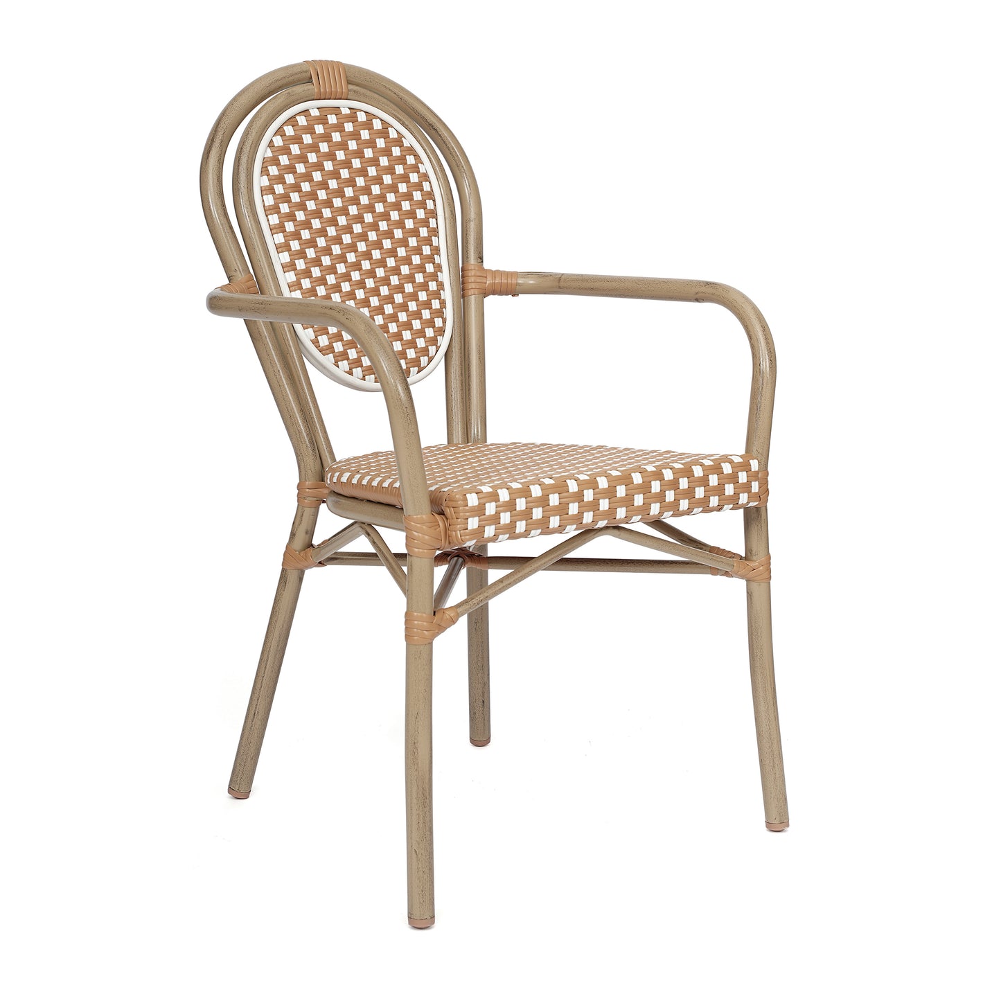 Lourdes Indoor/Outdoor Commercial Thonet Bistro Stacking Chair with Arms, Natural/White PE Rattan and Bamboo Print Aluminum Frame in Lt Natural Natural & White/Light Natural Frame