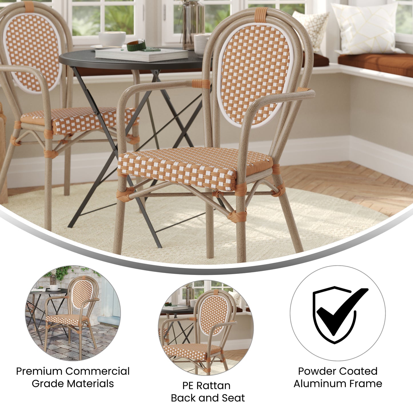 Lourdes Indoor/Outdoor Commercial Thonet Bistro Stacking Chair with Arms, Natural/White PE Rattan and Bamboo Print Aluminum Frame in Lt Natural Natural & White/Light Natural Frame