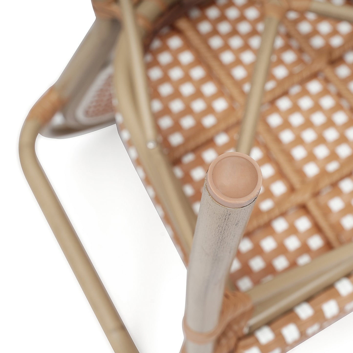 Lourdes Indoor/Outdoor Commercial Thonet Bistro Stacking Chair with Arms, Natural/White PE Rattan and Bamboo Print Aluminum Frame in Lt Natural Natural & White/Light Natural Frame