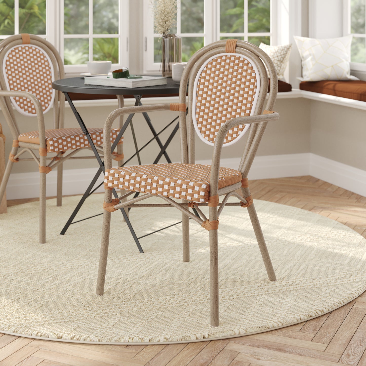 Lourdes Indoor/Outdoor Commercial Thonet Bistro Stacking Chair with Arms, Natural/White PE Rattan and Bamboo Print Aluminum Frame in Lt Natural Natural & White/Light Natural Frame
