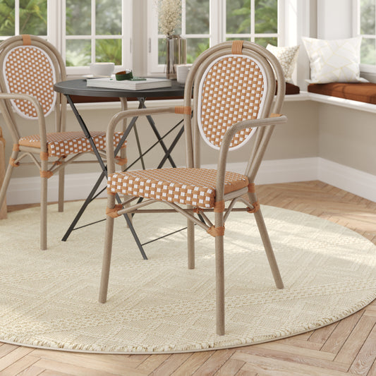 Lourdes Indoor/Outdoor Commercial Thonet Bistro Stacking Chair with Arms, Natural/White PE Rattan and Bamboo Print Aluminum Frame in Lt Natural Natural & White/Light Natural Frame
