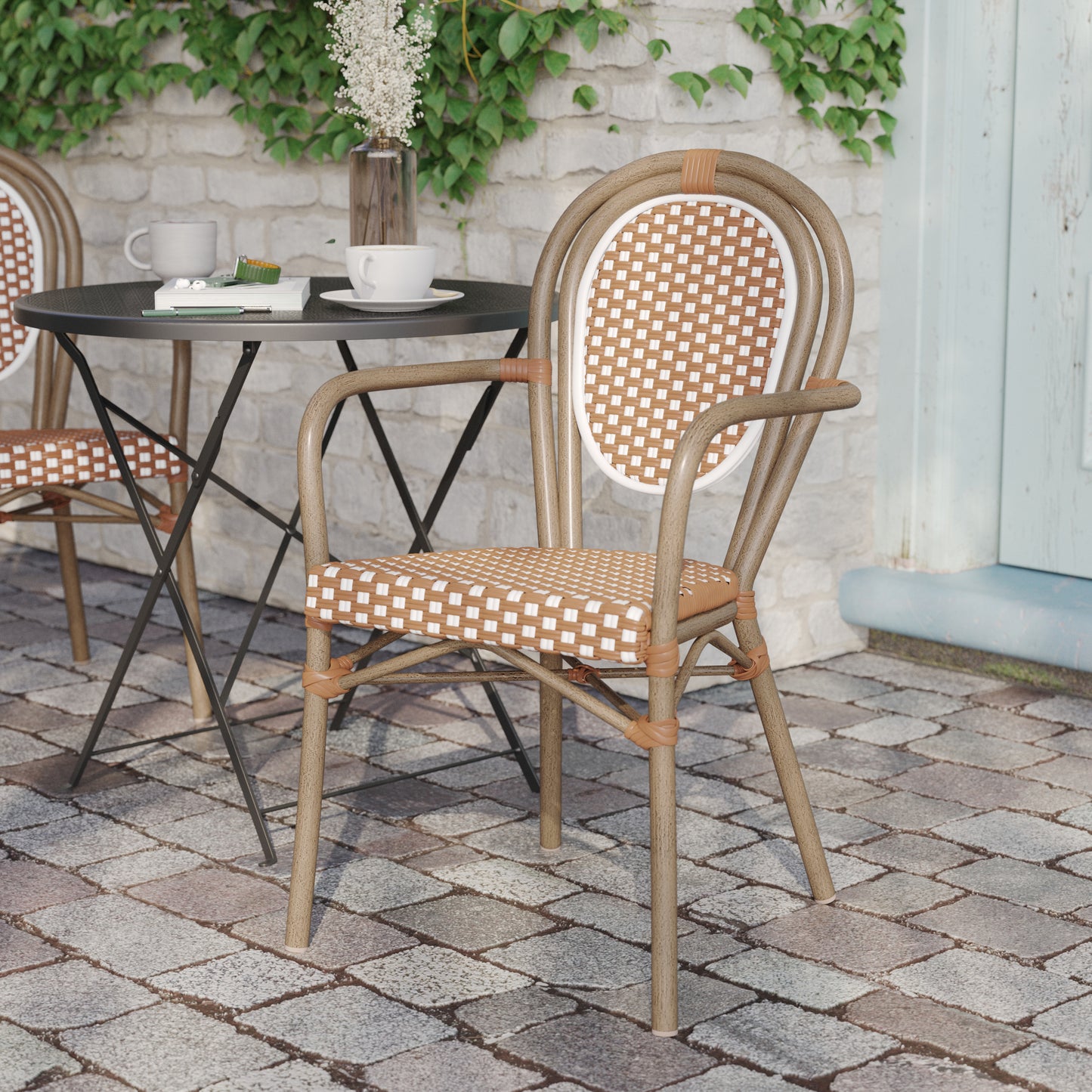 Lourdes Indoor/Outdoor Commercial Thonet Bistro Stacking Chair with Arms, Natural/White PE Rattan and Bamboo Print Aluminum Frame in Lt Natural Natural & White/Light Natural Frame