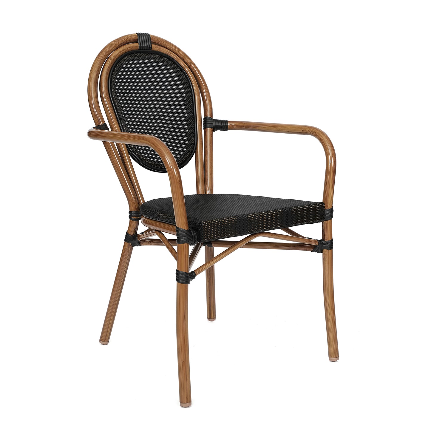 Marseille Indoor/Outdoor Commercial Thonet Bistro Stacking Chair with Arms, Black Textilene and Bamboo Print Aluminum Frame in Natural Black/Natural Frame