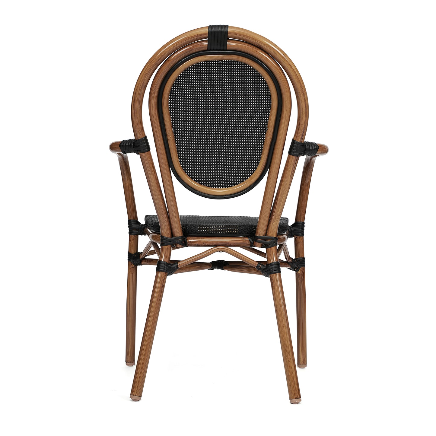 Marseille Indoor/Outdoor Commercial Thonet Bistro Stacking Chair with Arms, Black Textilene and Bamboo Print Aluminum Frame in Natural Black/Natural Frame
