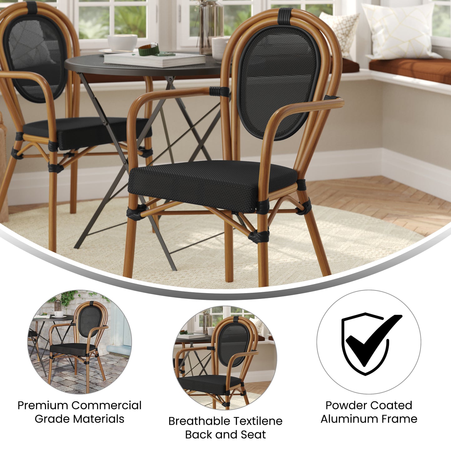 Marseille Indoor/Outdoor Commercial Thonet Bistro Stacking Chair with Arms, Black Textilene and Bamboo Print Aluminum Frame in Natural Black/Natural Frame
