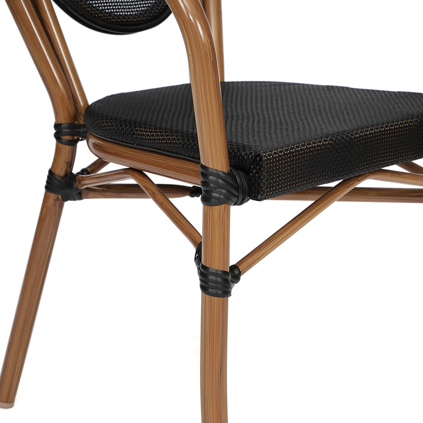 Marseille Indoor/Outdoor Commercial Thonet Bistro Stacking Chair with Arms, Black Textilene and Bamboo Print Aluminum Frame in Natural Black/Natural Frame