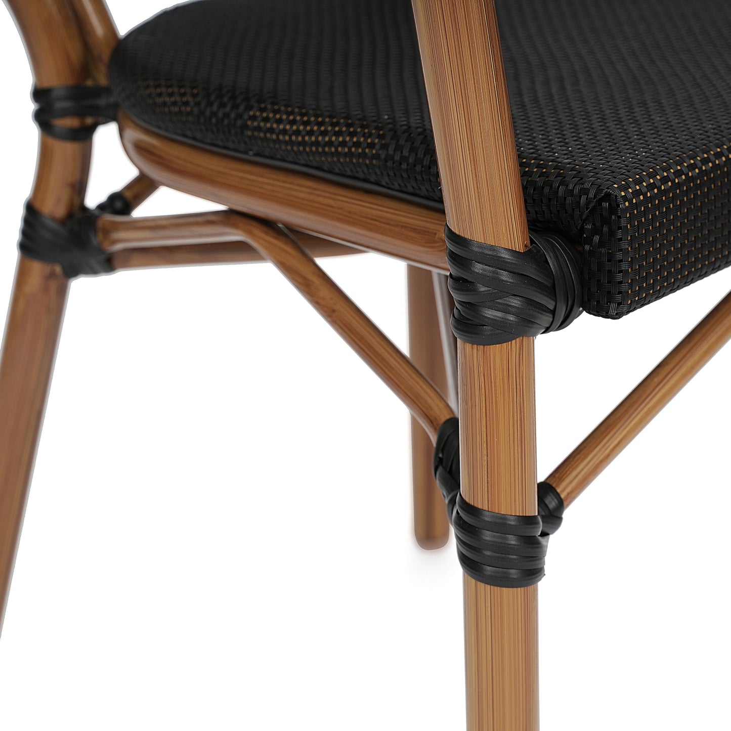 Marseille Indoor/Outdoor Commercial Thonet Bistro Stacking Chair with Arms, Black Textilene and Bamboo Print Aluminum Frame in Natural Black/Natural Frame