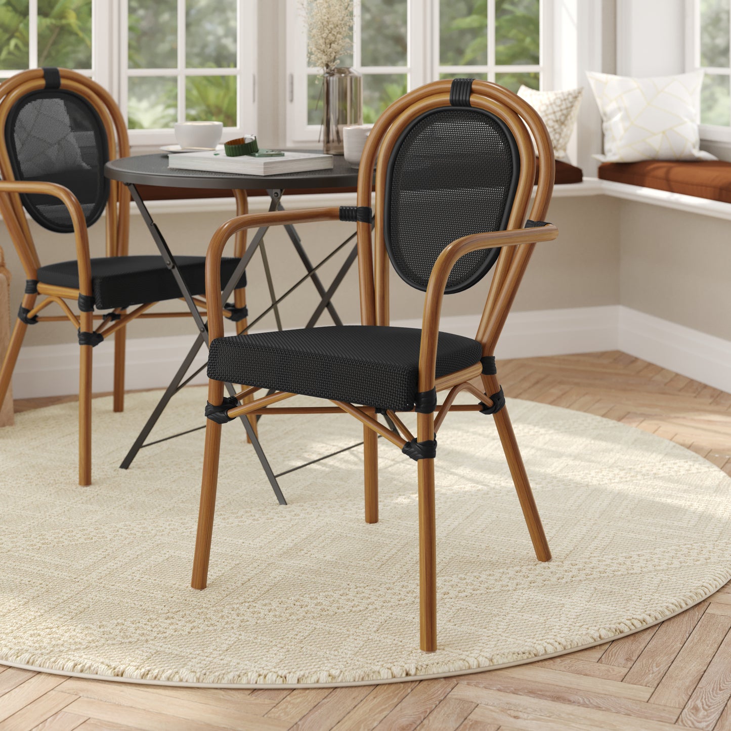 Marseille Indoor/Outdoor Commercial Thonet Bistro Stacking Chair with Arms, Black Textilene and Bamboo Print Aluminum Frame in Natural Black/Natural Frame