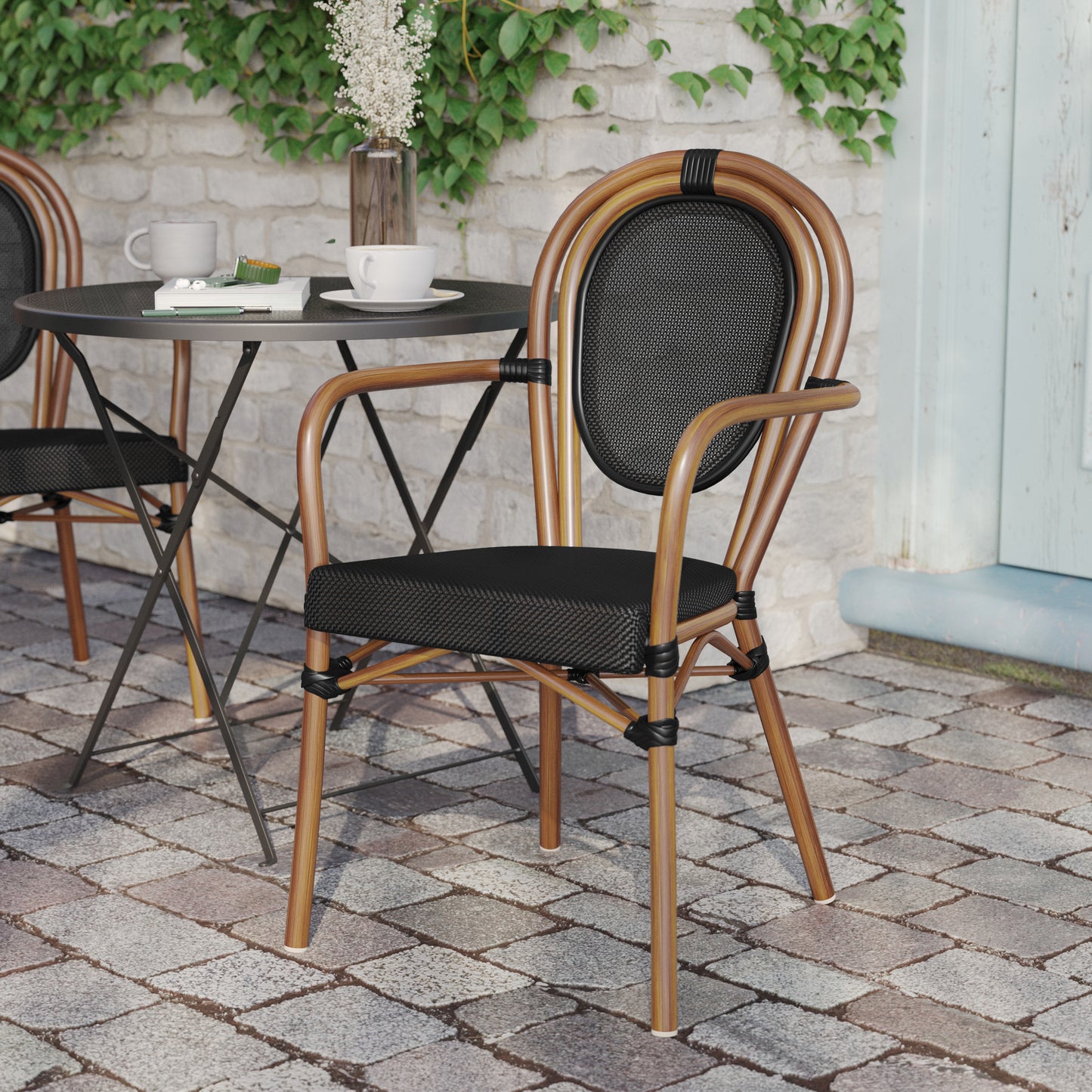 Marseille Indoor/Outdoor Commercial Thonet Bistro Stacking Chair with Arms, Black Textilene and Bamboo Print Aluminum Frame in Natural Black/Natural Frame