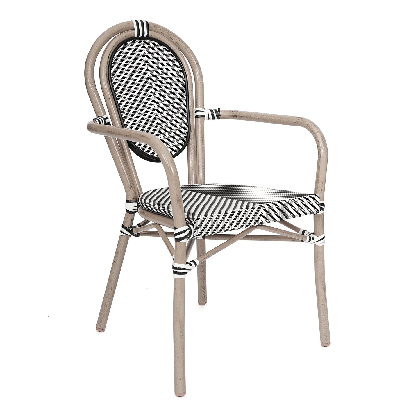 Marseille Indoor/Outdoor Commercial Thonet Bistro Stacking Chair with Arms, Black/White Textilene and Bamboo Print Aluminum Frame in Natural Black & White/Light Natural Frame