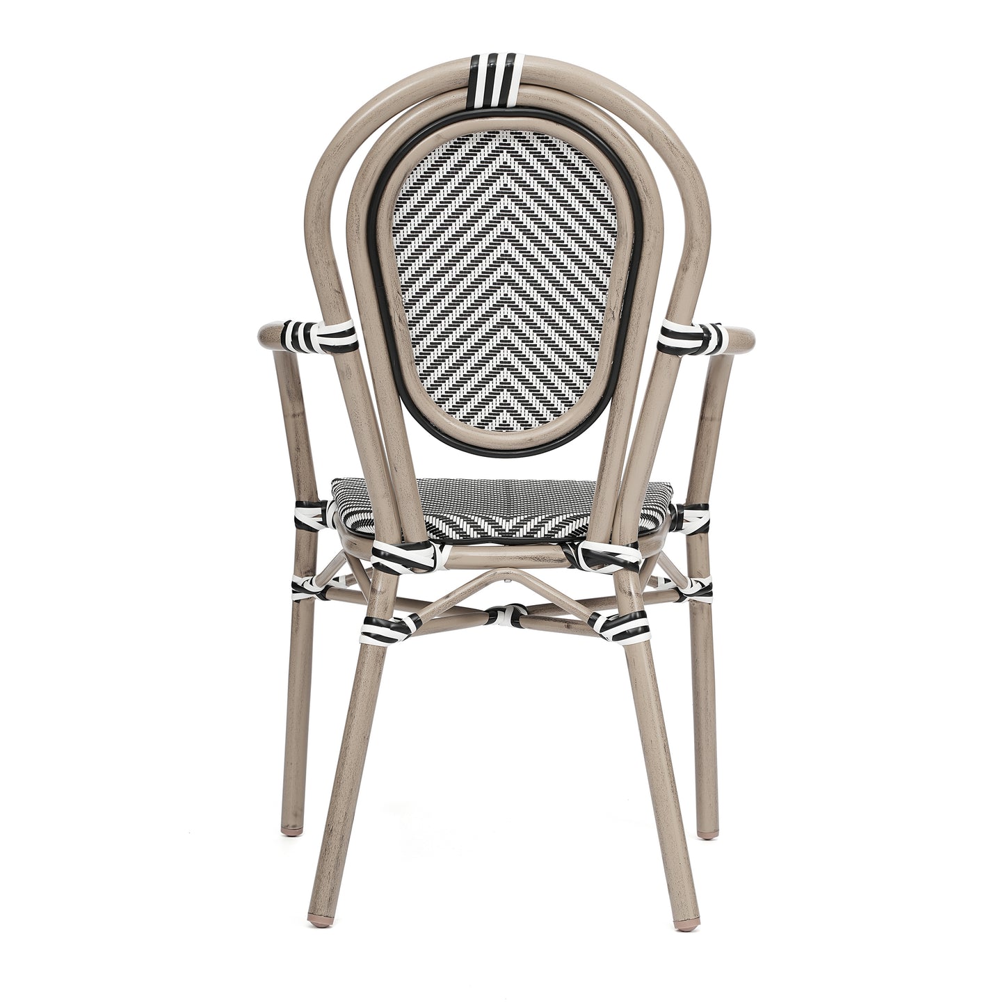 Marseille Indoor/Outdoor Commercial Thonet Bistro Stacking Chair with Arms, Black/White Textilene and Bamboo Print Aluminum Frame in Natural Black & White/Light Natural Frame